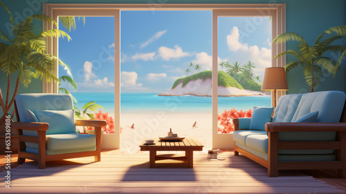 A living room with beach view, 3d rendered landscape © Rekalawa