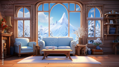 living room with a view of snowy mountains 3D rendered illustration