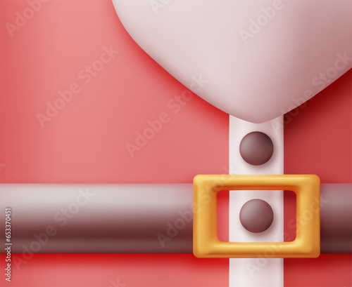 3D Red Santa Claus Suit. Render Leather Belt with Gold Buckle, White Beard with Buttons. Happy New Year Decoration. Merry Christmas Holiday. New Year and Xmas Celebration. Vector Illustration