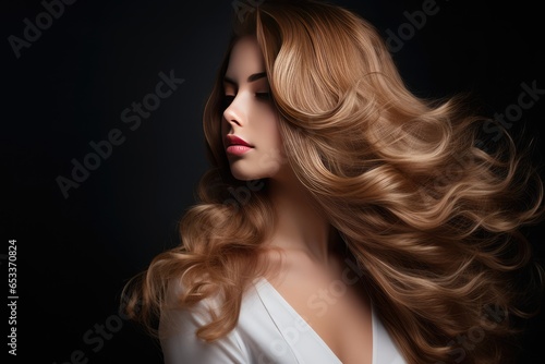 Beautiful woman in profile with long and shiny wavy hair.Beauty model girl with curly hairstyle.