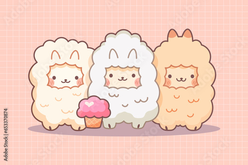 Cute kawaii llamas with ice cream. Vector illustration.