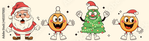 Groovy hippie Christmas characters. Christmas tree, Santa Claus and baubles in retro cartoon style. Vector illustration.