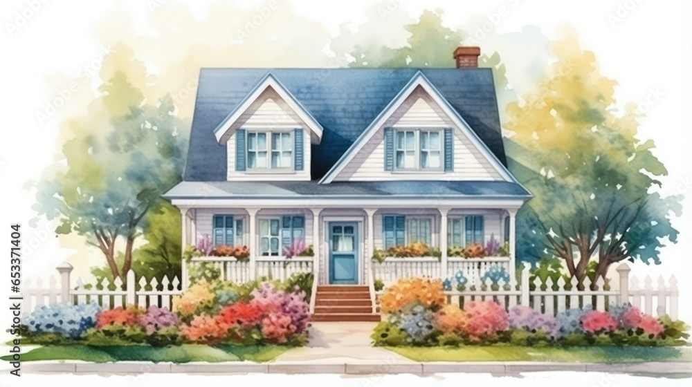 Farmhouse exterior with flower yard, water color