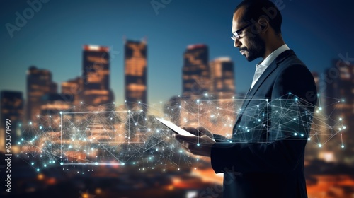 Business man using tablet  city background with technology connection light graphic
