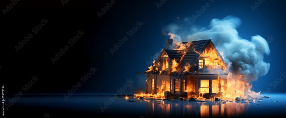 House building burning, on fire blue background. Property insurance protection, security protect, real estate from damage accidents, unexpected disaster, impending loss. Copy paste place for text - obrazy, fototapety, plakaty 