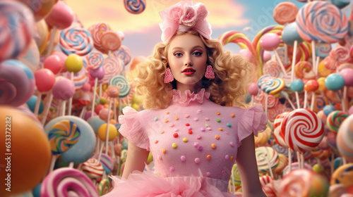 A girl dressed in a candy suit against a pastel - color background
