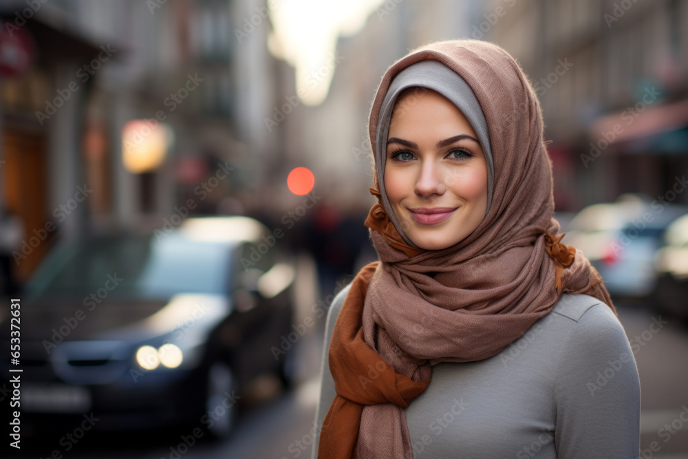 Beautiful Muslim woman wearing hijab in European city on sunny day. Beautiful Muslim woman wearing hijab in European city on sunny day.
