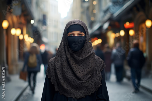 Beautiful Muslim woman wearing burqa in European city on sunny day. photo