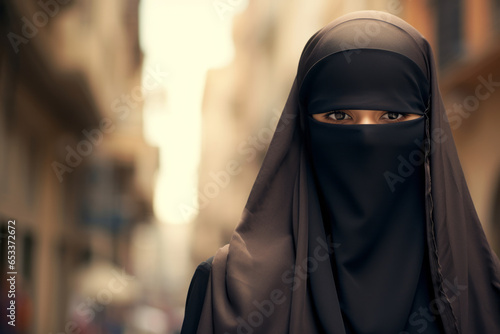 Beautiful Muslim woman wearing burqa in European city on sunny day. photo