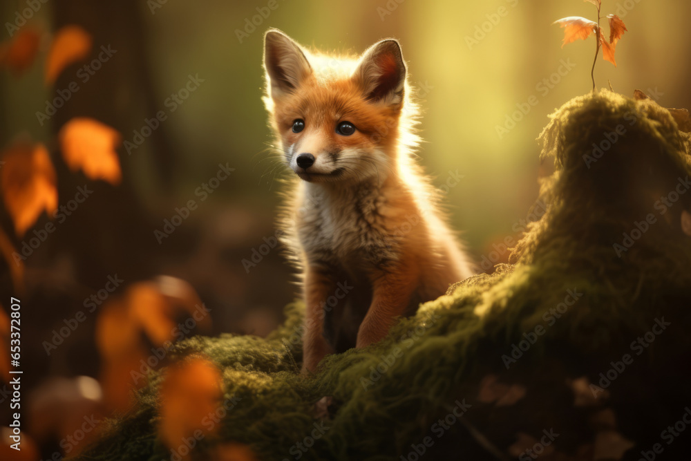 Naklejka premium Cute fluffy red fox youngling in dreamy autumn forest on sunny evening. Wild animals in nature.