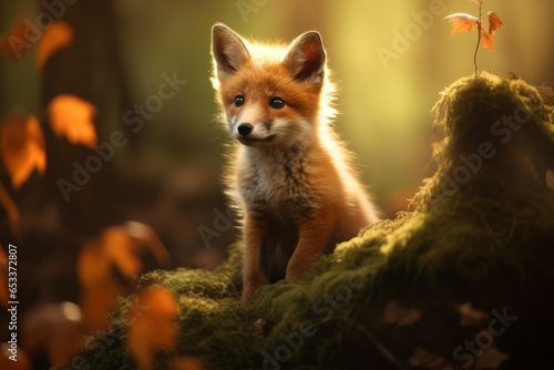 Cute fluffy red fox youngling in dreamy autumn forest on sunny evening. Wild animals in nature.