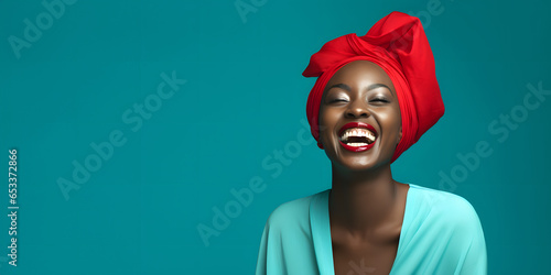 Colorful studio portrait of an ethnic woman smiling happily. Bold, vibrant and minimalist. Copy space