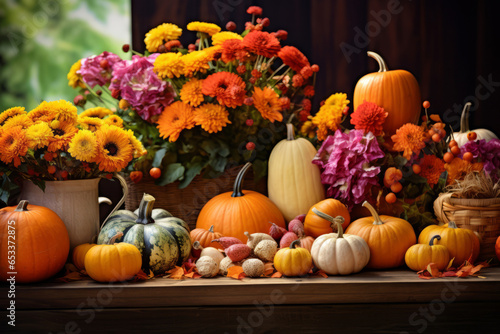 Autumn setting with flowers and pumpkins. Thanksgiving table decoration.