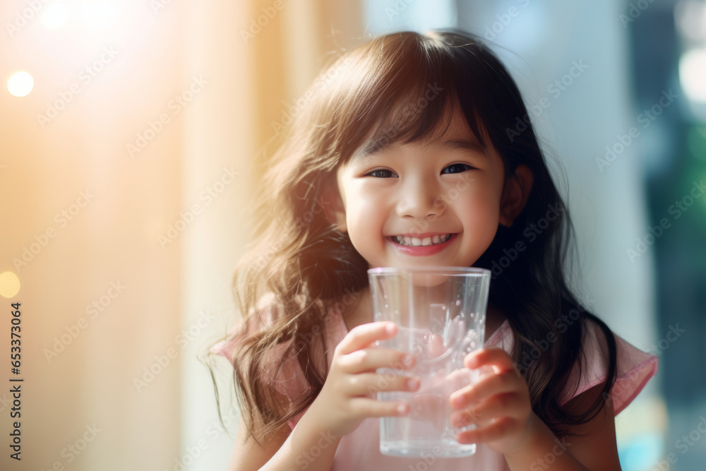 Pretty little Asian child drinking fresh water on sunny summer day at home. Cute preschool kid holding glass of pure mineral water. Healthy lifestyle for kids. Pretty little Asian child drinking fresh water on sunny summer day at home. Cute preschool kid holding glass of pure mineral water. Healthy lifestyle for kids.