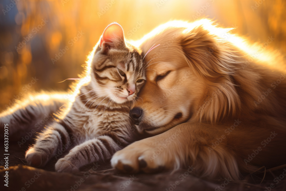 Cute striped cat and Labrador dog cuddling on sunny summer day. Friendship between kitten and puppy.