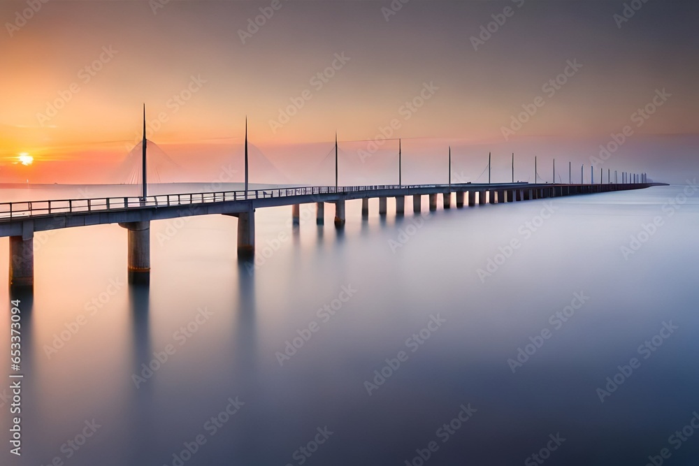 Denmark, Aarhus, Long exposure of Infinite Bridge and Aarhus Bay at sunrise

