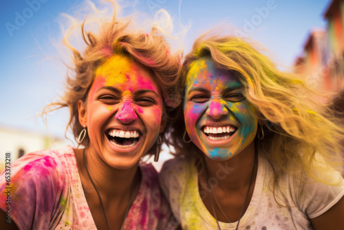 Happy female friends partying under colorful powder cloud at holi fest. Women participating in festival of colors in summer. Pretty girls with their faces painted in different colors.