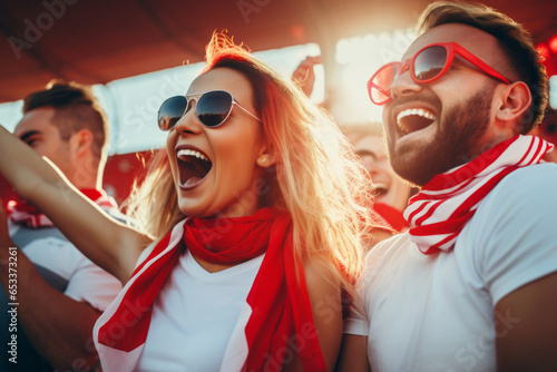 Excited sports fans wearing red and white clothes celebrating the victory of their team. People chanting and cheering for their soccer team. Young people watching football match. © MNStudio