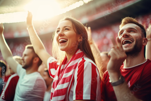 Excited sports fans wearing red and white clothes celebrating the victory of their team. People chanting and cheering for their soccer team. Young people watching football match. © MNStudio