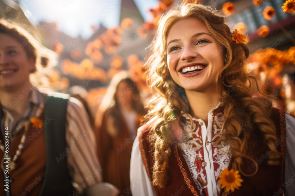 Beautiful young cheerful people wearing national costumes participating in traditional Oktoberfest parade in German town.