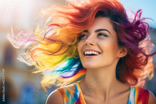 Young cheerful woman with rainbow color dyed hair feeling happy on sunny summer day. Trendy hairstyle concept.