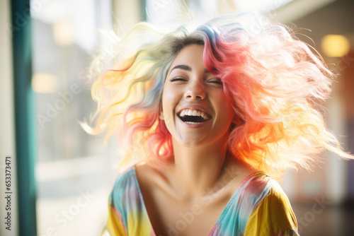 Young cheerful woman with rainbow color dyed hair feeling happy on sunny summer day. Trendy hairstyle concept.