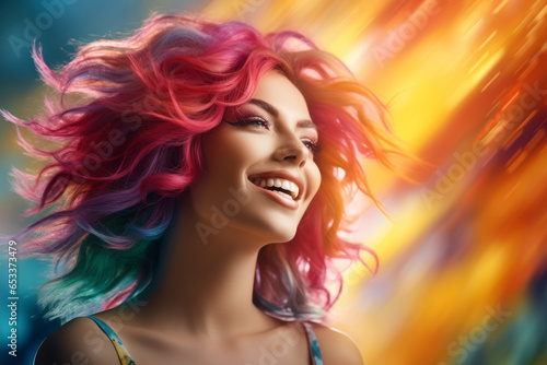 Young cheerful woman with rainbow color dyed hair feeling happy on sunny summer day. Trendy hairstyle concept. © MNStudio