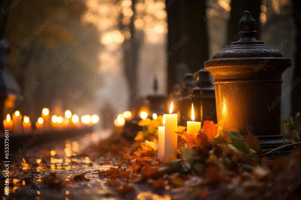Lots of lit candles and dry autumn leaves at the cemetery. Celebrating All Saints Day at graveyard at night. - obrazy, fototapety, plakaty 