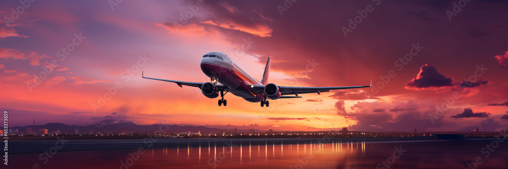 Commercial airplane taking off into colorful sky at sunset. Landscape with white passenger aircraft, purple sky with pink clouds. Travelling by plane. - obrazy, fototapety, plakaty 