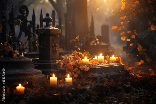 Lots of lit candles and dry autumn leaves at the cemetery. Celebrating All Saints Day at graveyard at night.