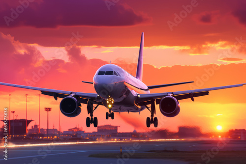 Commercial airplane taking off into colorful sky at sunset. Landscape with white passenger aircraft  purple sky with pink clouds. Travelling by plane.