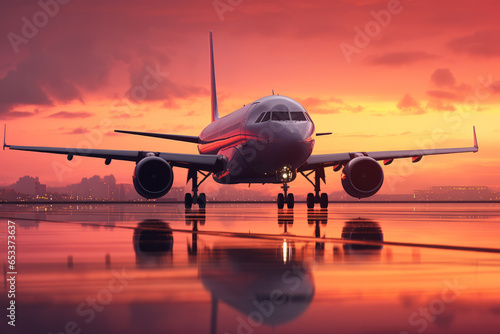 Commercial airplane taking off into colorful sky at sunset. Landscape with white passenger aircraft, purple sky with pink clouds. Travelling by plane.