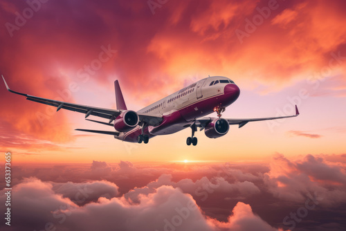 Commercial airplane flying in colorful sky at sunset. Landscape with white passenger aircraft, purple sky with pink clouds. Travelling by plane.