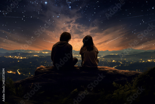 Silhouettes of a young couple admiring beautiful view on sunset. Man and woman looking at scenic night landscape. Lovers stargazing.