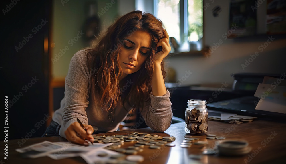 A worried young woman sits at a desk stacked with unpaid bills, her head in her hands. The chaos conveys her financial stress as a Gen Z navigating debt and economic instability. - obrazy, fototapety, plakaty 