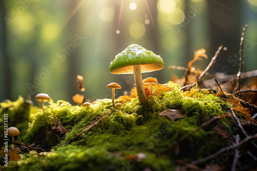 Fairytale mushrooms growing in green moss in sunny magical forest.