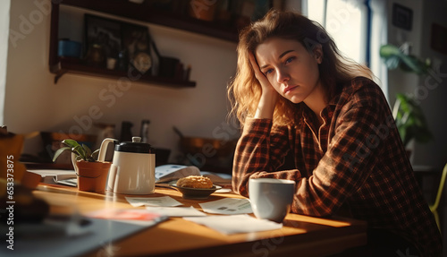 A worried young woman sits at a desk stacked with unpaid bills, her head in her hands. The chaos conveys her financial stress as a Gen Z navigating debt and economic instability. photo