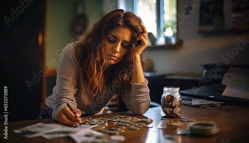 A worried young woman sits at a desk stacked with unpaid bills, her head in her hands. The chaos conveys her financial stress as a Gen Z navigating debt and economic instability.