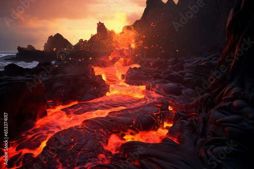 Lava flow emerging from a rock and pouring into a black volcanic landscape. Natural disasters.