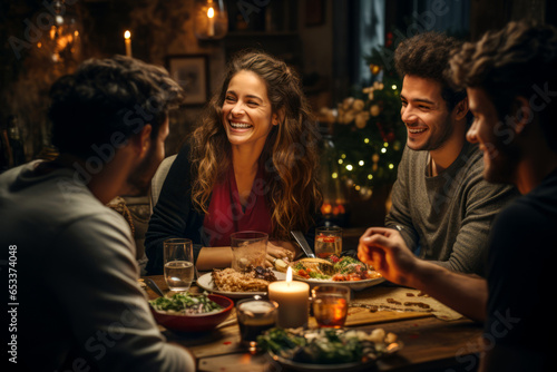 Group of cheerful friends having fun eating Christmas dinner together by decorated table. Young people having a get together on winter night. © MNStudio