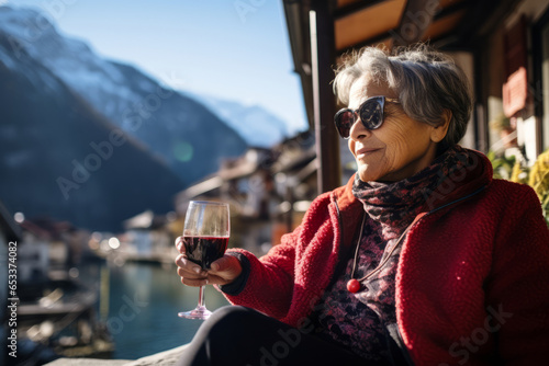 Fotomurale Beautiful senior woman drinking wine in small Austrian town in winter