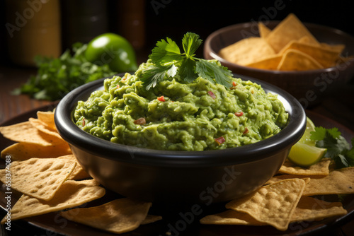 Avocado dip guacamole with crispy tortillas on black stone plate on wooden table.