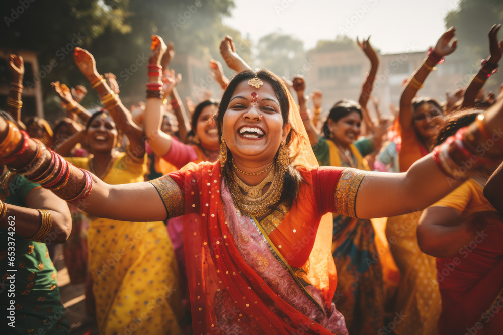 Beautiful Indian women wearing vivid colorful clothes singing and ...