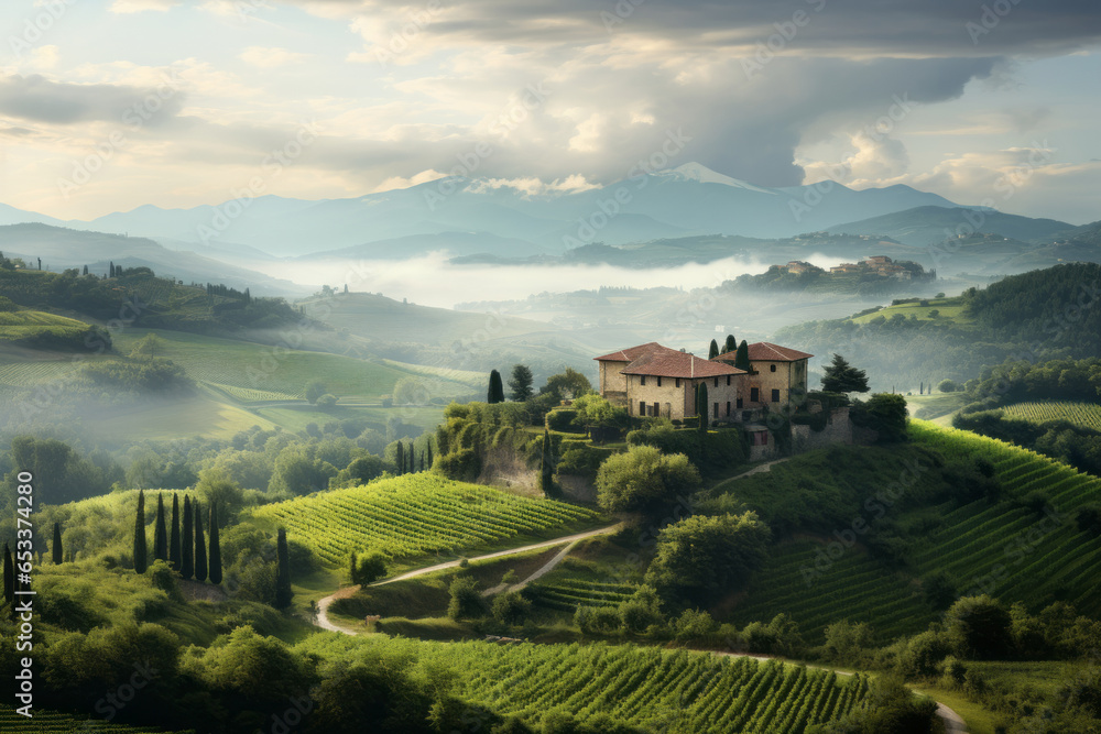 Scenic sunset in Italian landscape. Beautiful villa on a hill surrounded with cypress trees and vineyards.
