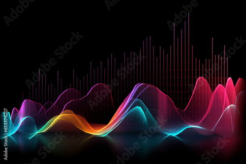 Vibrant financial graphs on a dark background in the style of wavy resin sheets. photo