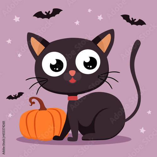 Cute cartoon cat, pumpkin and bats. Template for Halloween design. Childish vector illustration in flat style. . Vector illustration