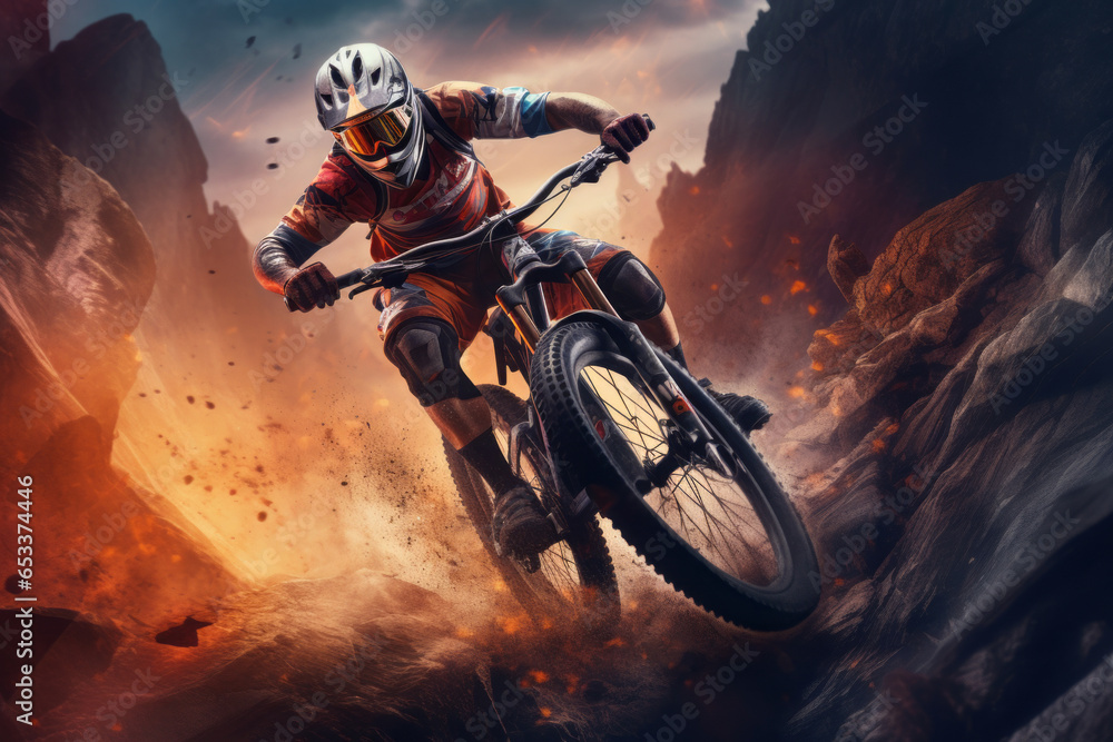 Mountain bike rider riding a bicycle off-road over rough terrain. Extreme cycling conditions. Motion blur.