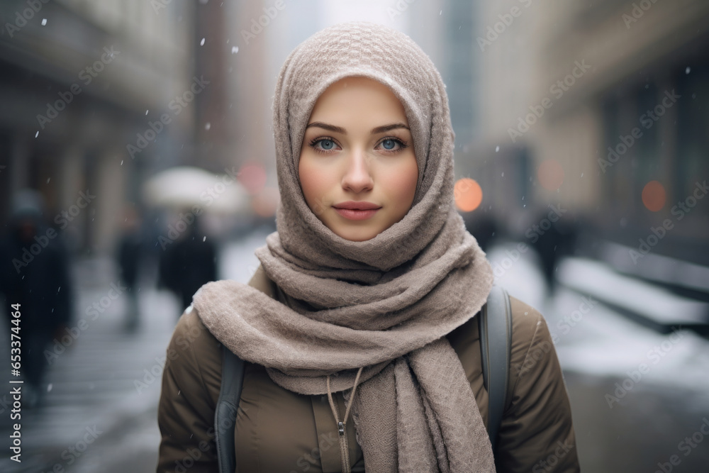 Beautiful Muslim woman wearing hijab in snowy European city on cold winter day. Beautiful Muslim woman wearing hijab in snowy European city on cold winter day.