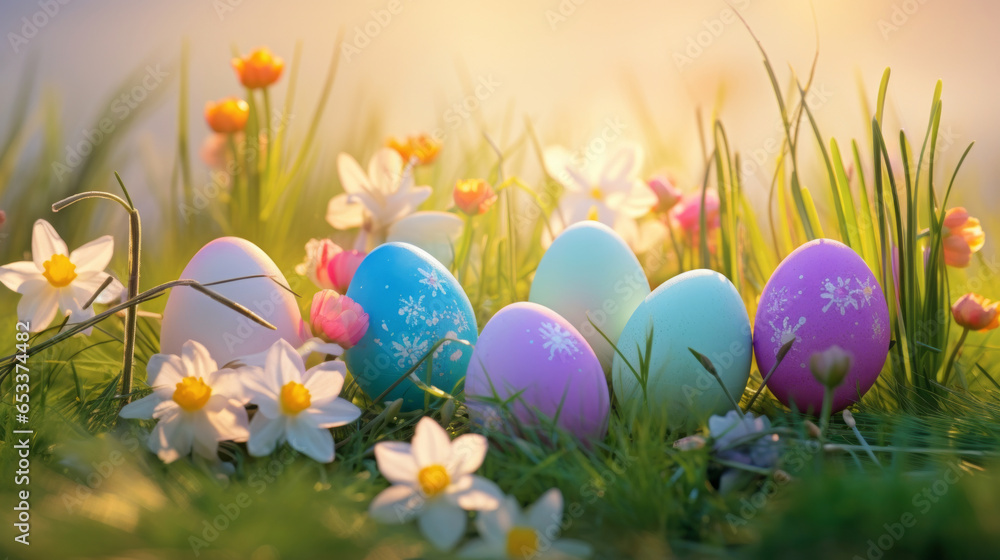 Beautiful colorful eggs and flowers in spring grass meadow over blue sky with sun. Beautiful colorful eggs and flowers in spring grass meadow over blue sky with sun.