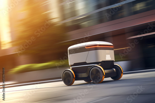 Modern automated food delivery robot riding on city street. Autonomous package delivery bot. Cost-efficient and energy-efficient last mile deliveries. Motion blur.